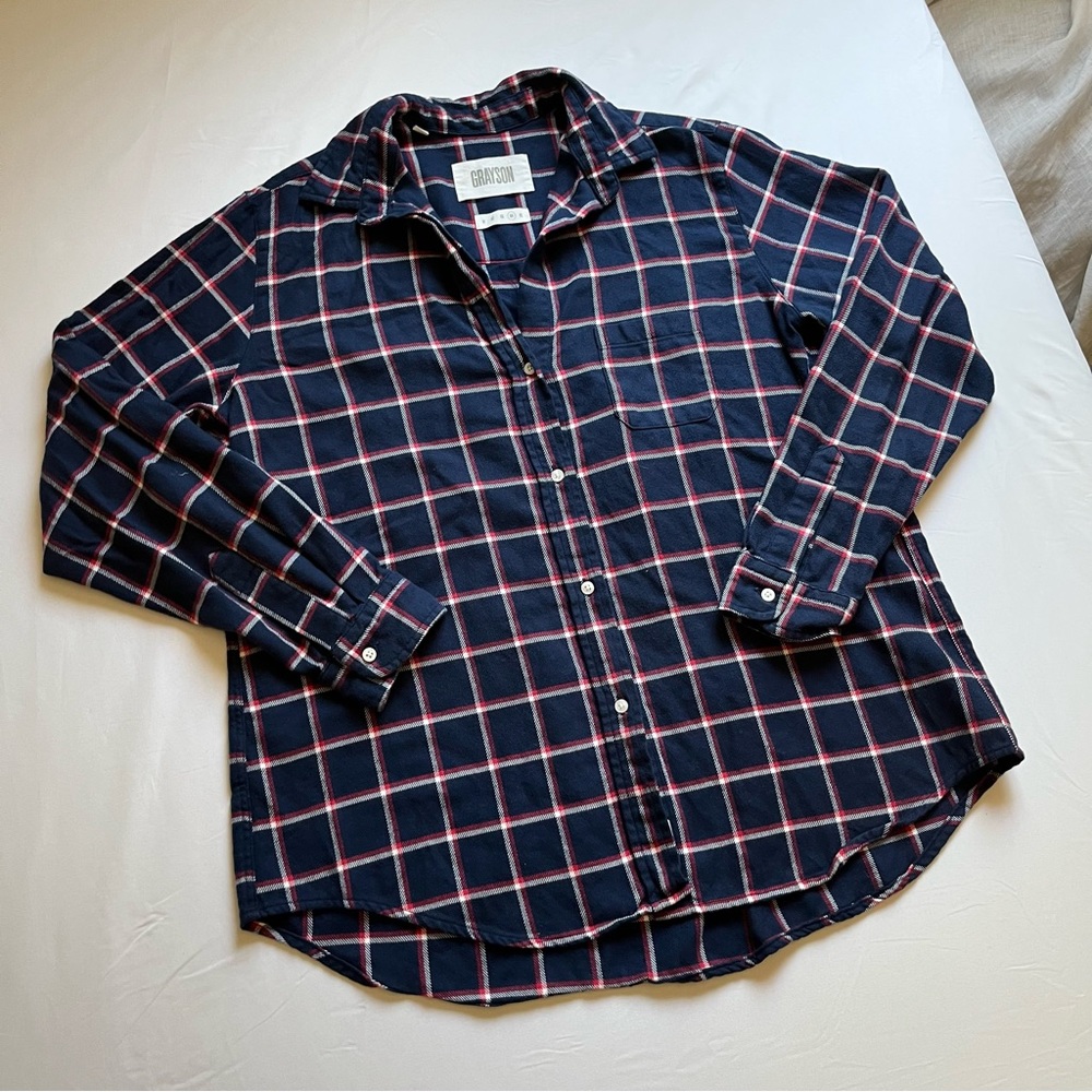 GRAYSON navy blue plaid long sleeve button up flannel shirt